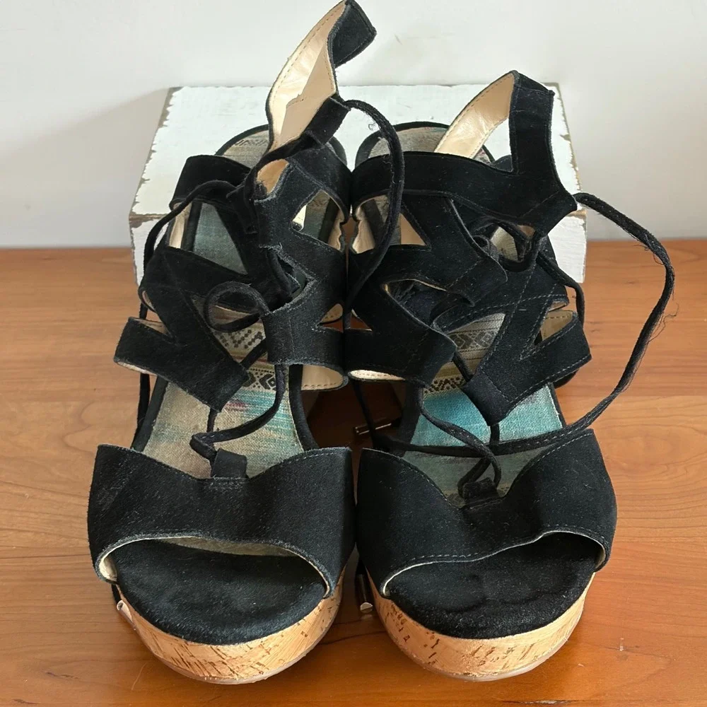 Limelight Black Faux Suede Lace Up Cork‎ Wedge Sandals Womens Size 10